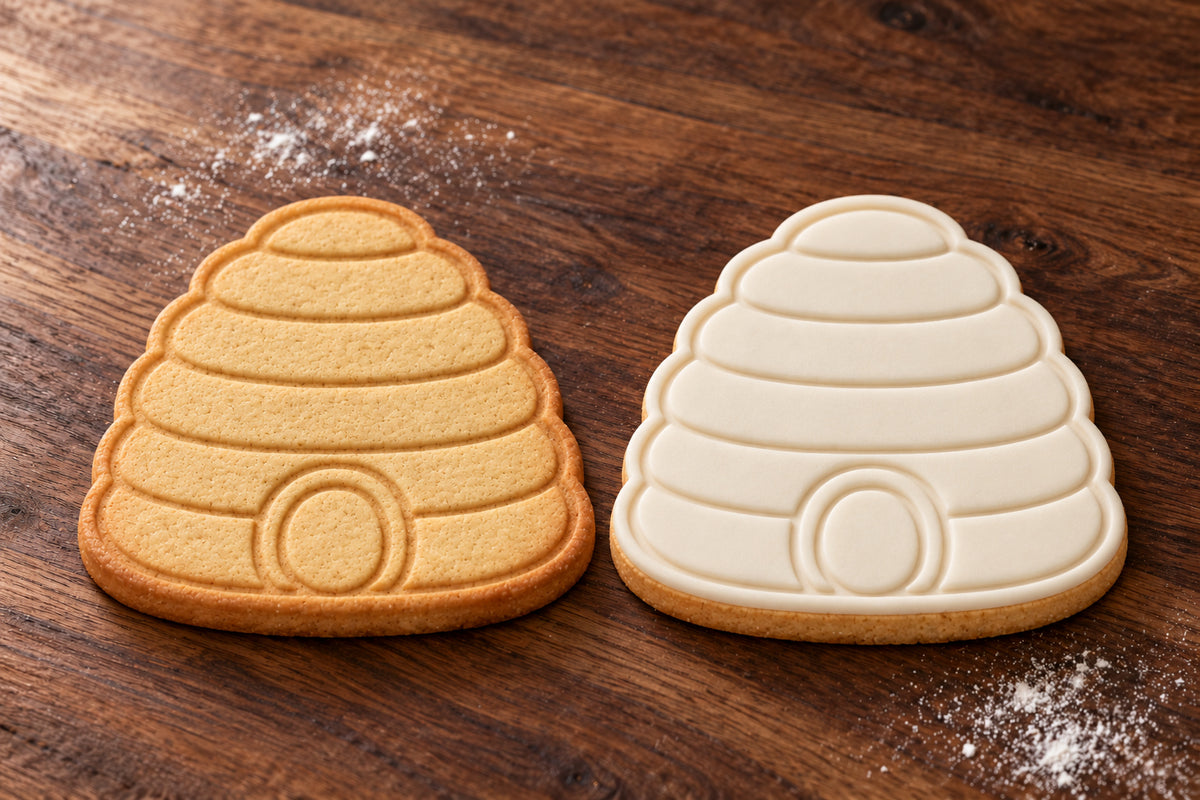 Beehive plain and white fondant cookie examples