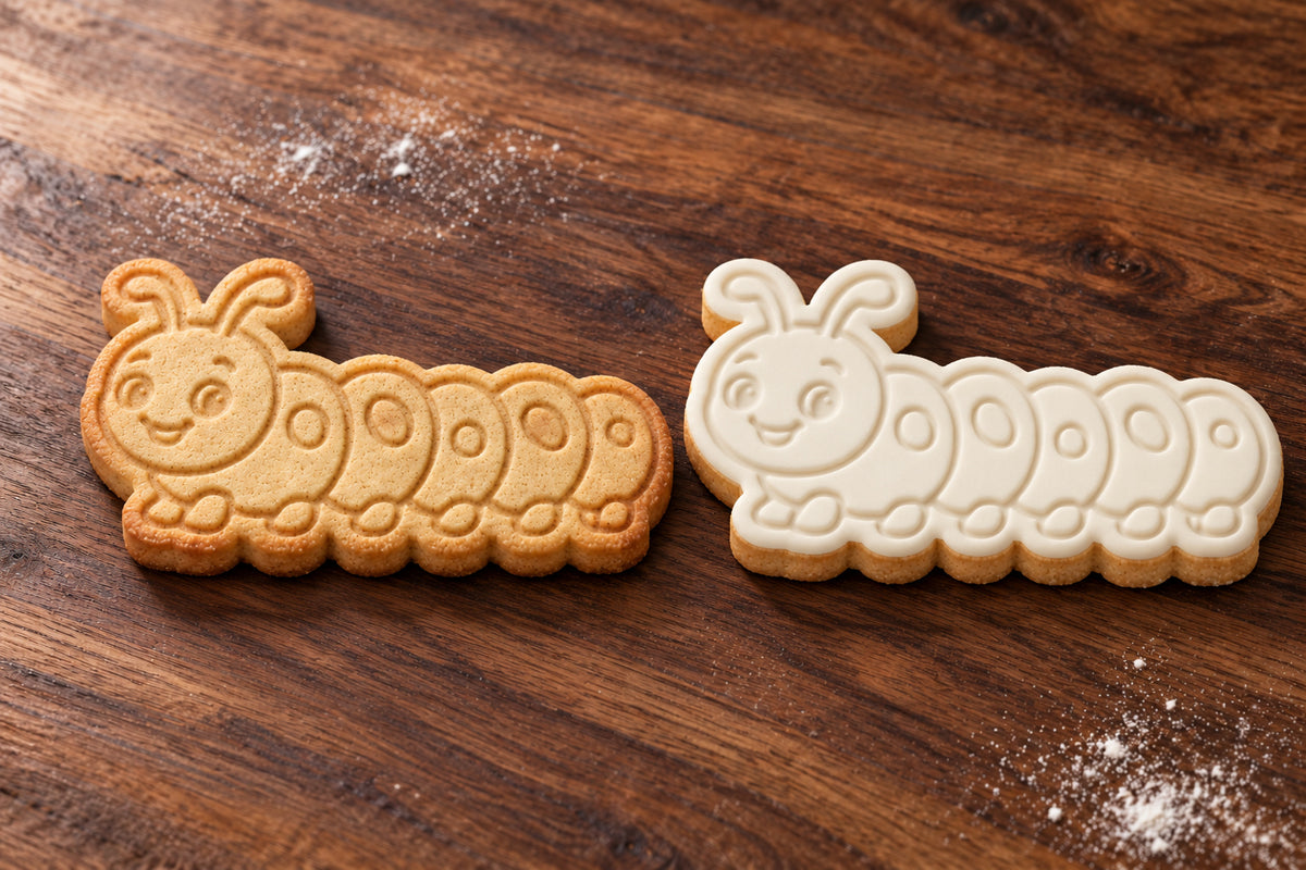 Caterpillar plain and white fondant cookie examples