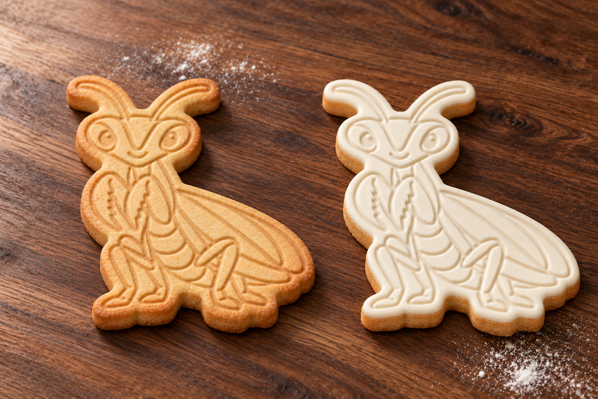 Praying Mantis plain and white fondant cookie examples