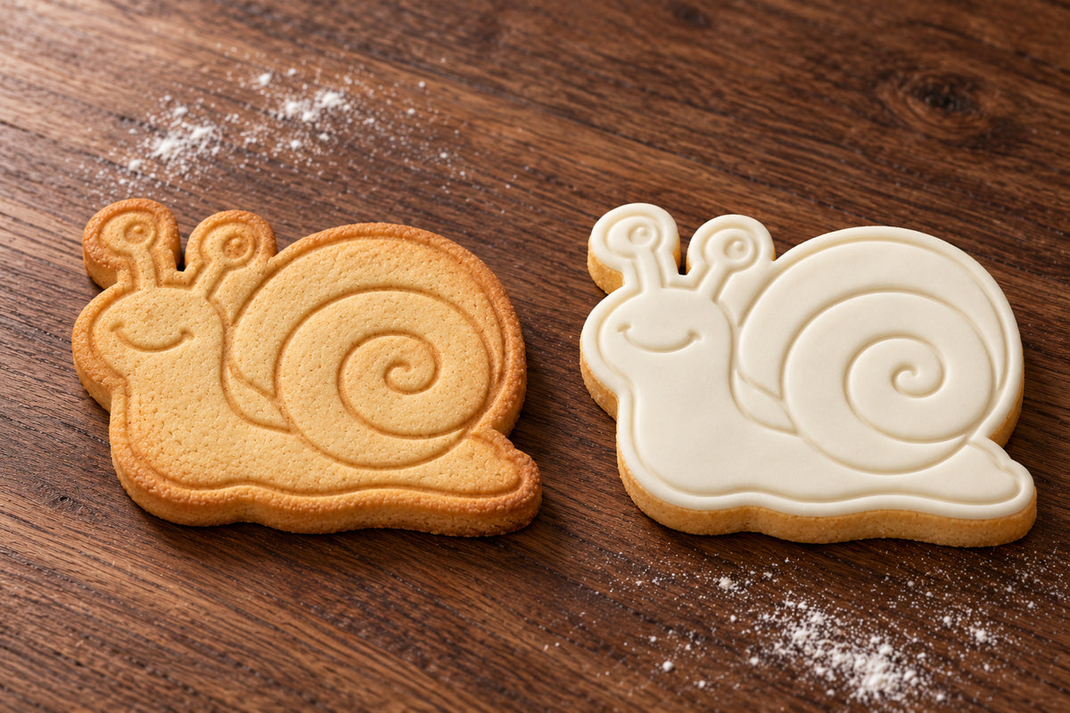 Snail plain and white fondant cookie examples