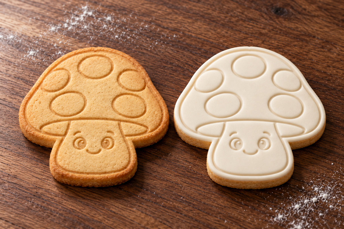 Toadstool plain and white fondant cookie examples