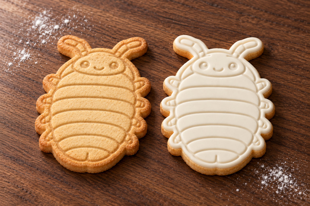 Woodlouse (Slater) plain and white fondant cookie examples
