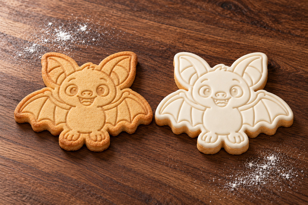 Friendly Bat plain and white fondant cookie examples