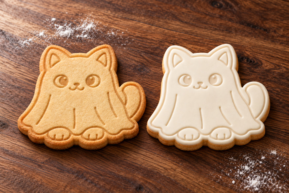Ghost Cat plain and white fondant cookie examples