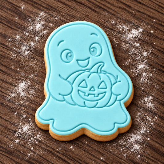 Ghost Holding Pumpkin decorated fondant cookie