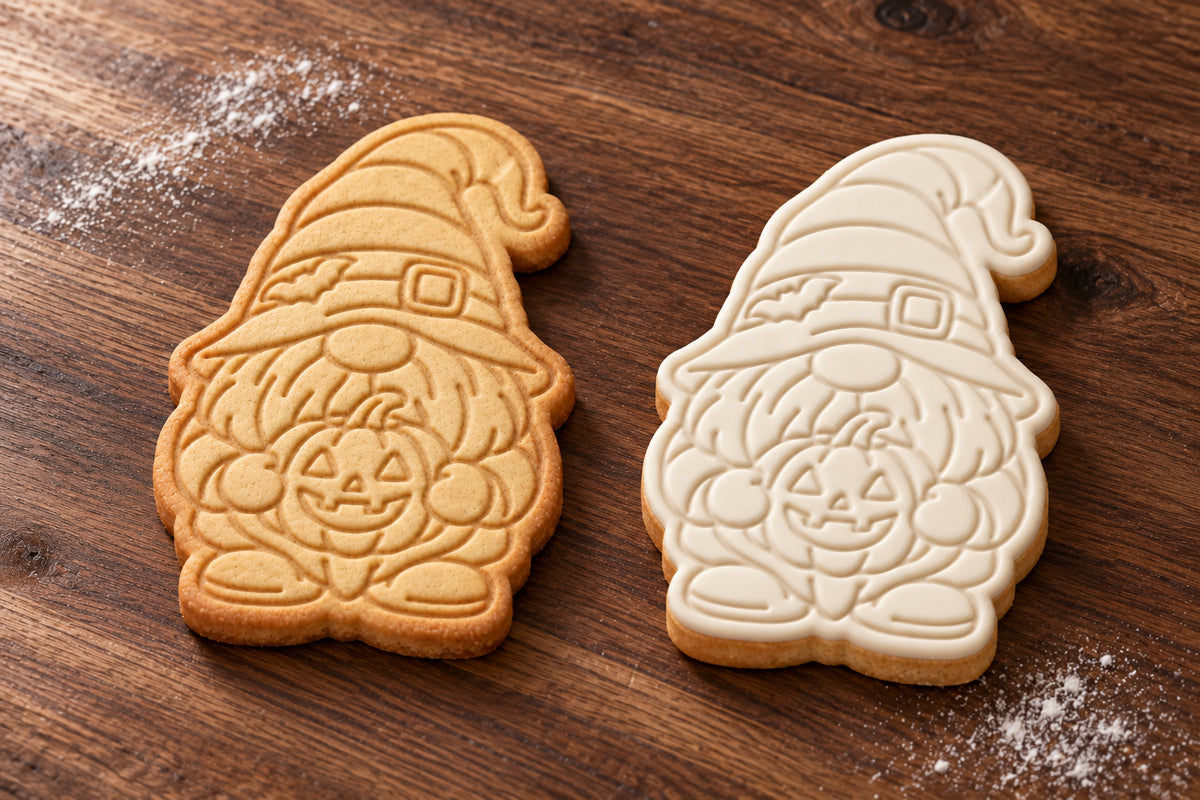 Halloween Gnome plain and white fondant cookie examples