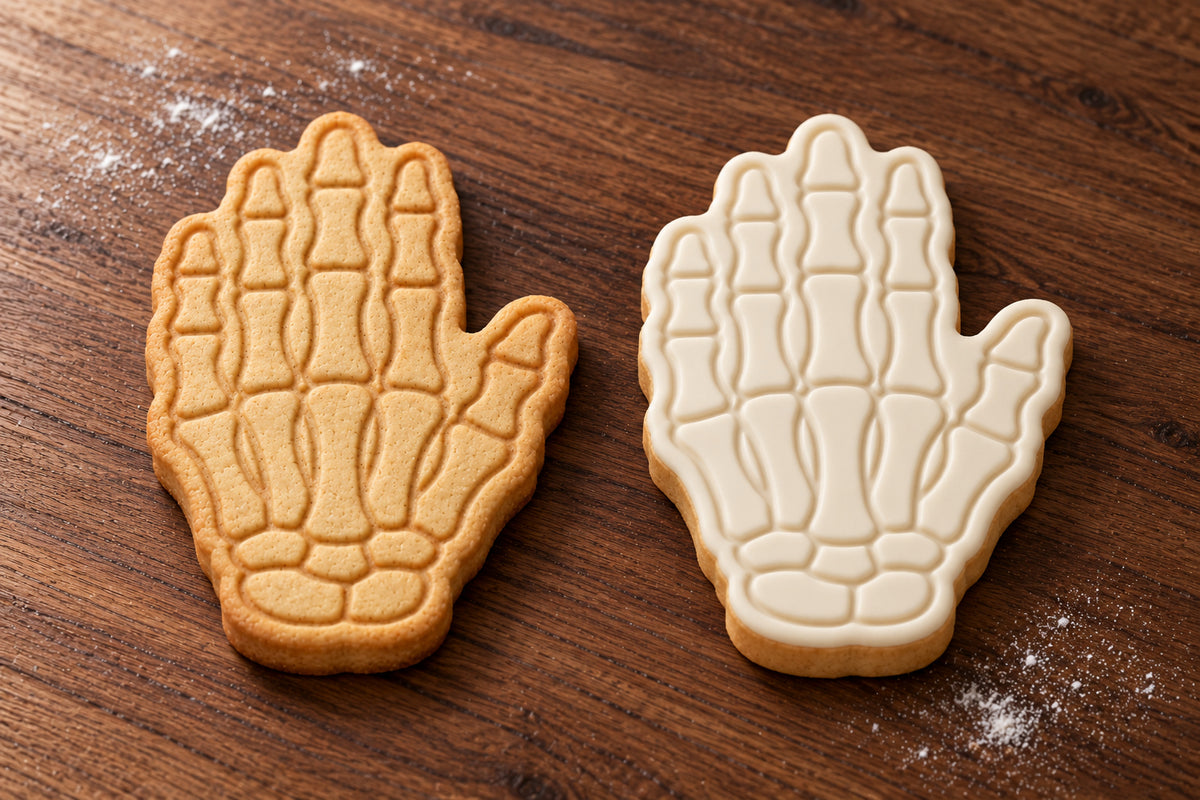 Skeleton Hand plain and white fondant cookie examples