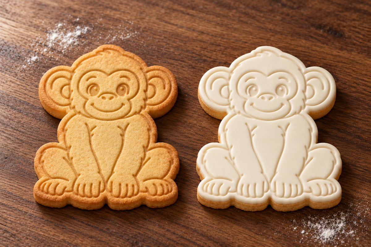 Chimpanzee plain and white fondant cookie examples