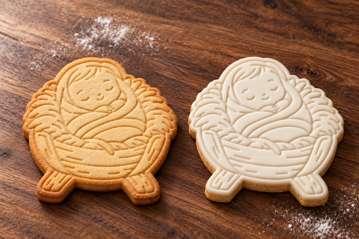 Baby in Manger plain and white fondant cookie examples