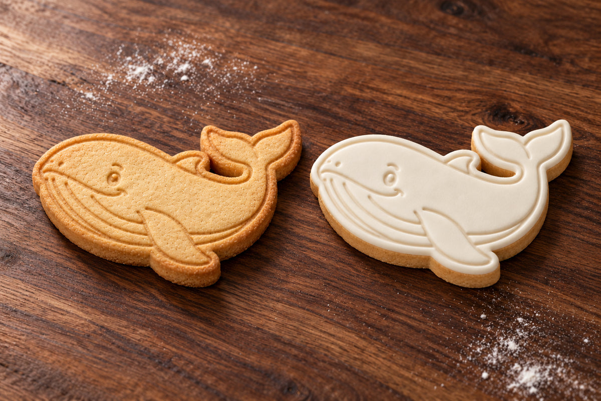 Blue Whale plain and white fondant cookie examples