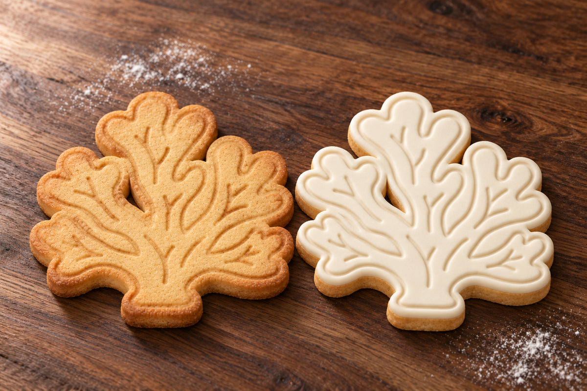 Coral plain and white fondant cookie examples