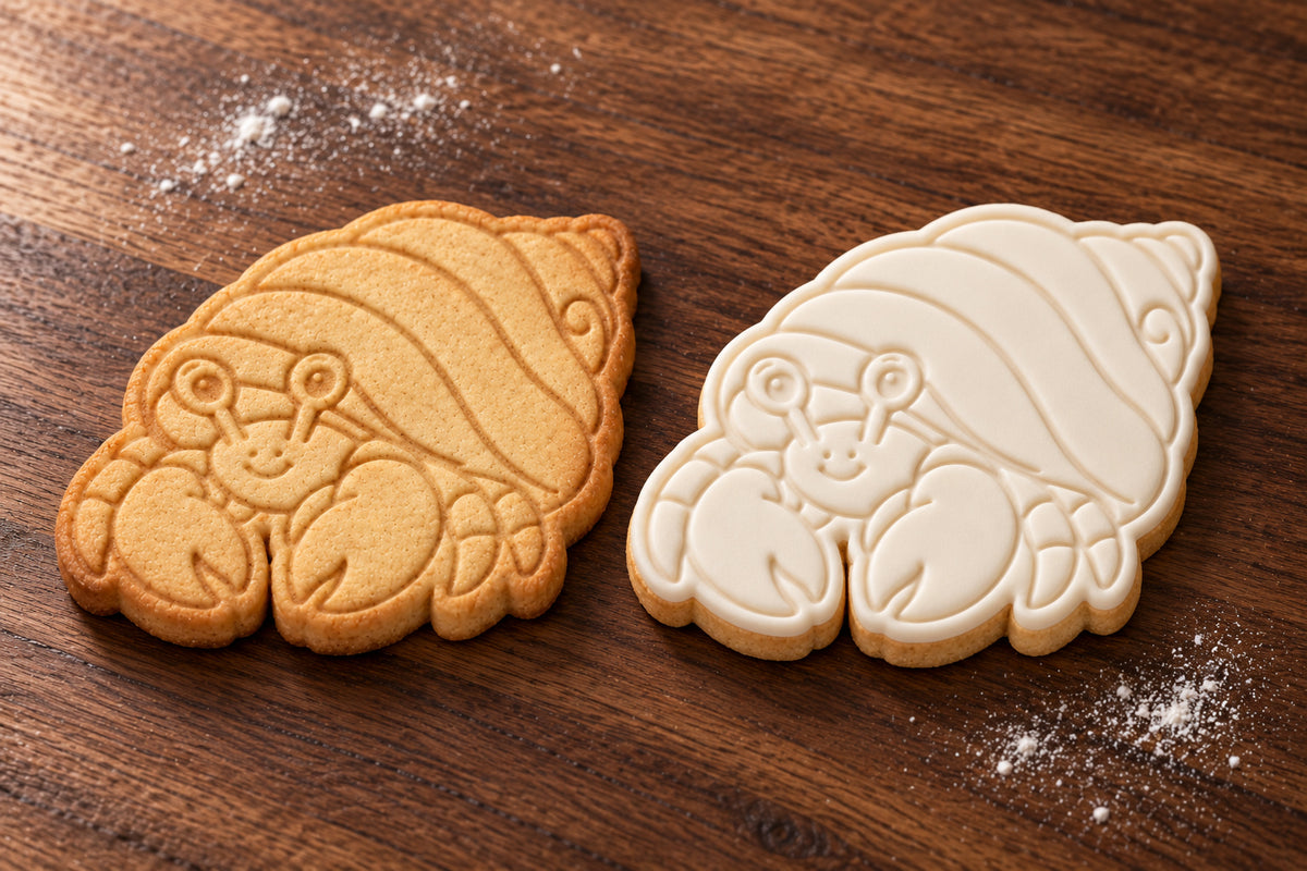 Hermit Crab plain and white fondant cookie examples