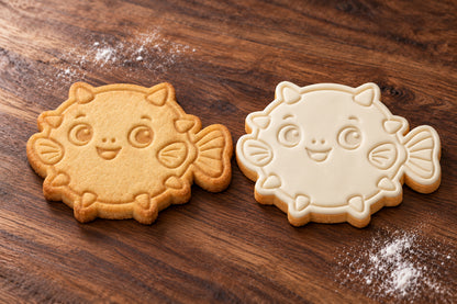 Pufferfish plain and white fondant cookie examples
