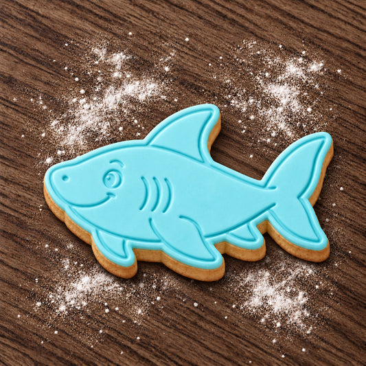 Shark decorated fondant cookie