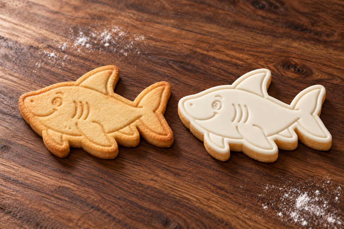 Shark plain and white fondant cookie examples