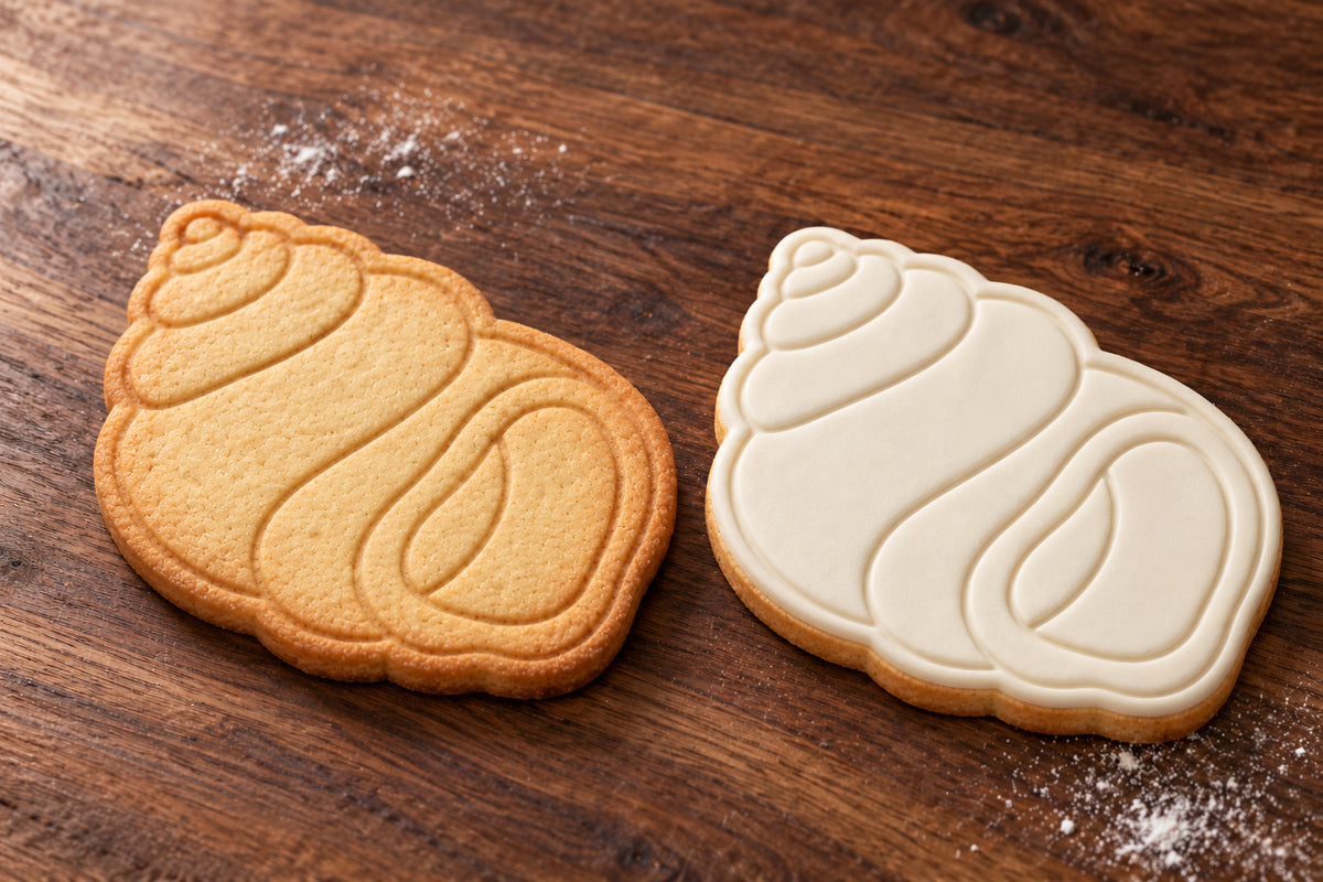 Spiral Shell plain and white fondant cookie examples