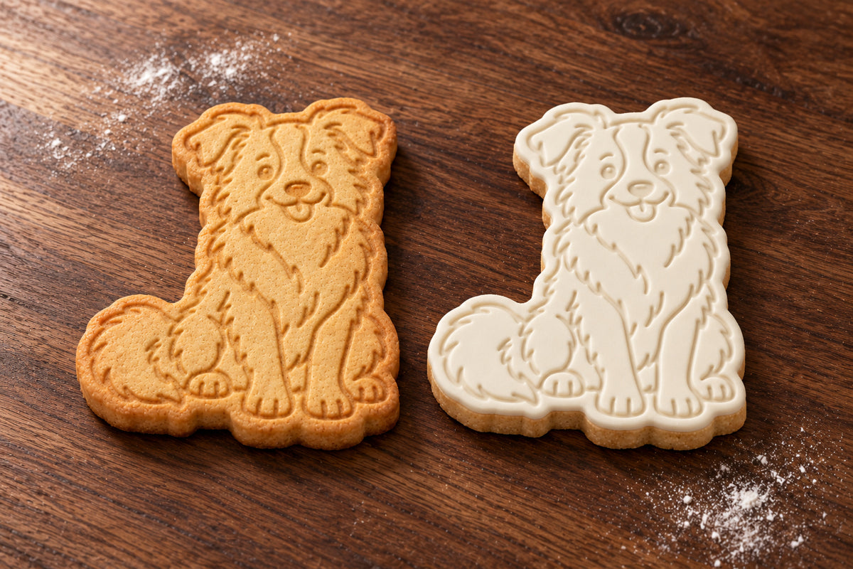 Border Collie plain and white fondant cookie examples