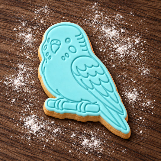 Budgie decorated fondant cookie