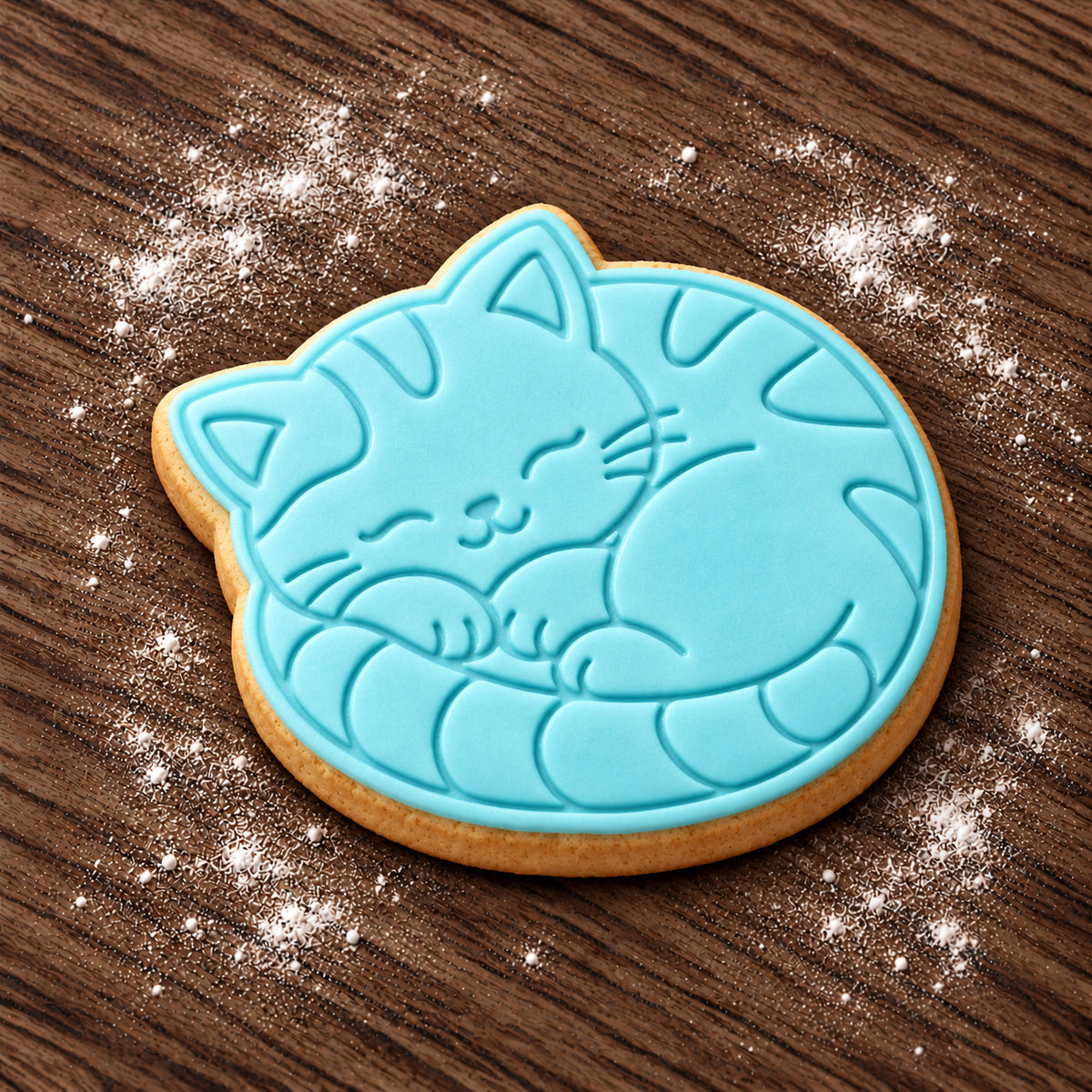 Curled Up Cat decorated fondant cookie