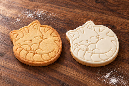 Curled Up Cat plain and white fondant cookie examples