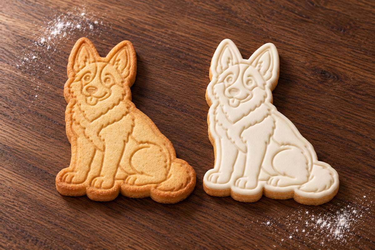 German Shepherd plain and white fondant cookie examples