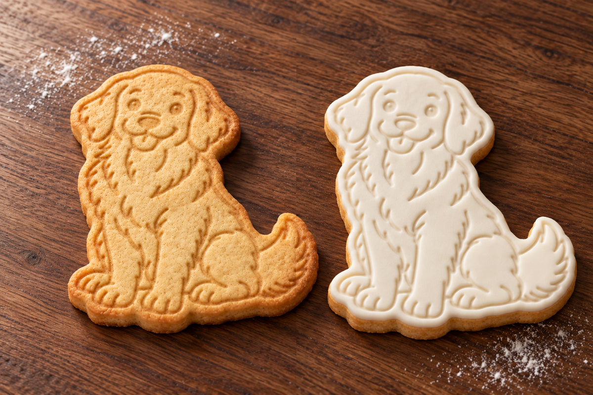 Golden Retriever plain and white fondant cookie examples