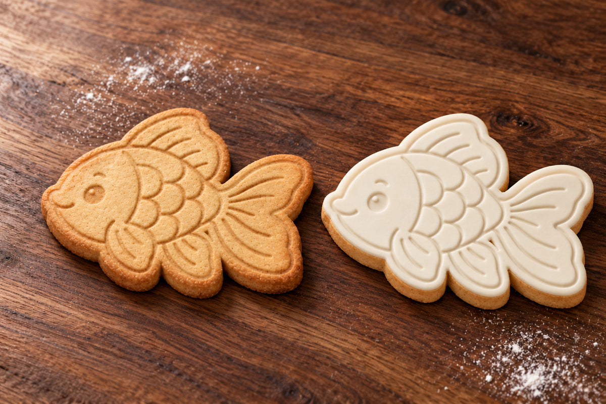 Goldfish plain and white fondant cookie examples