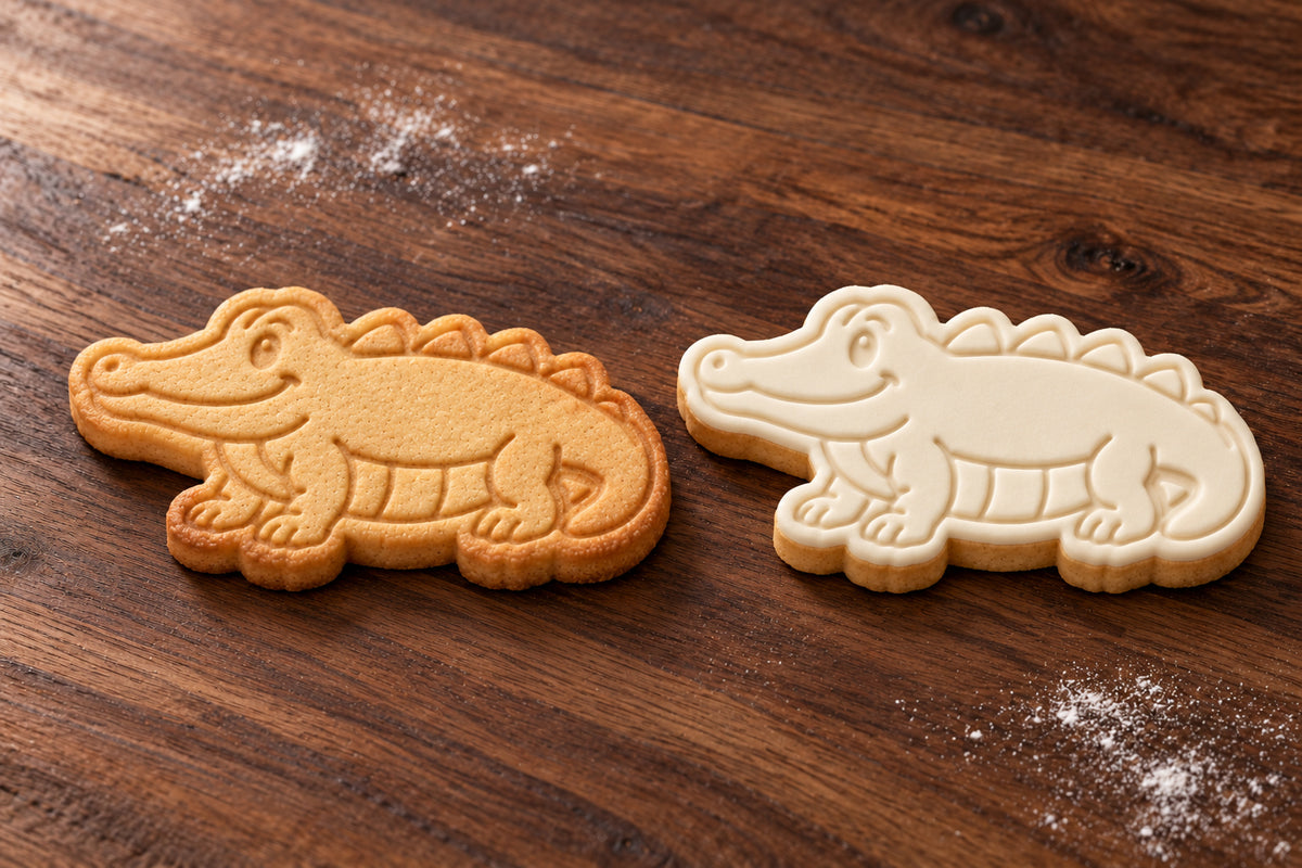 Crocodile plain and white fondant cookie examples