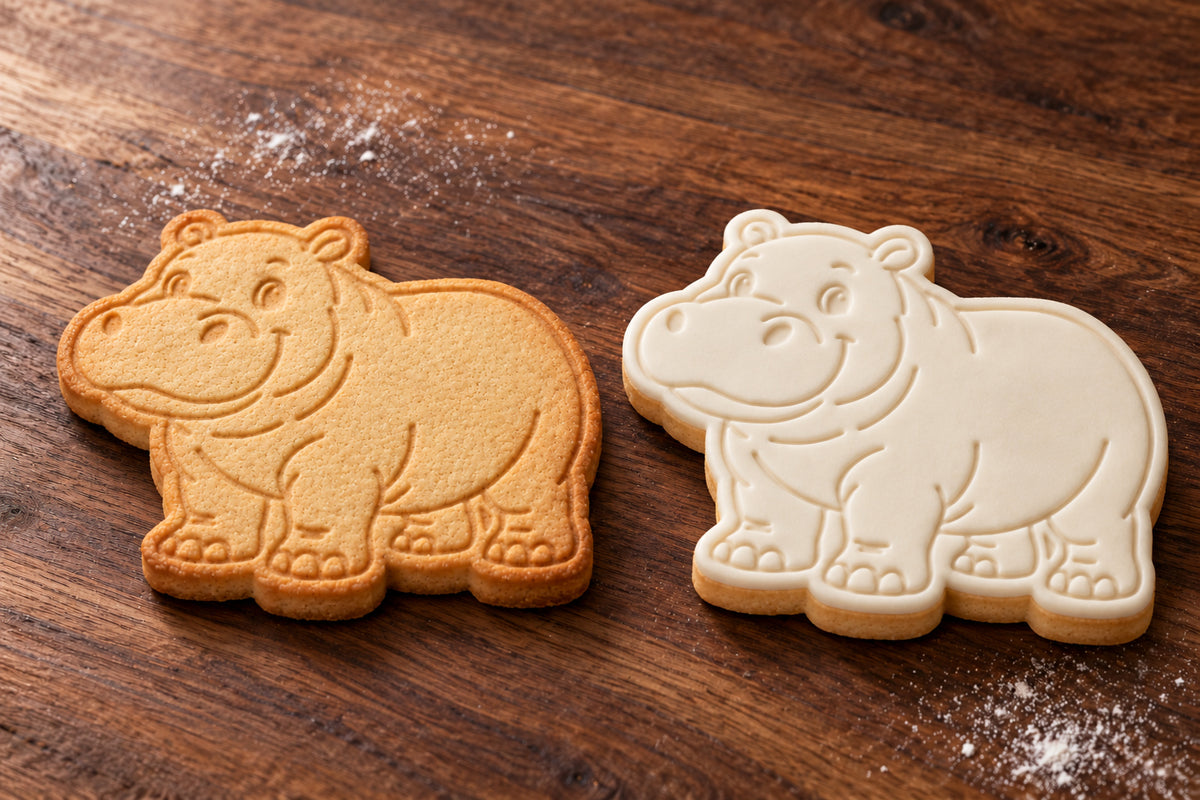 Hippopotamus plain and white fondant cookie examples