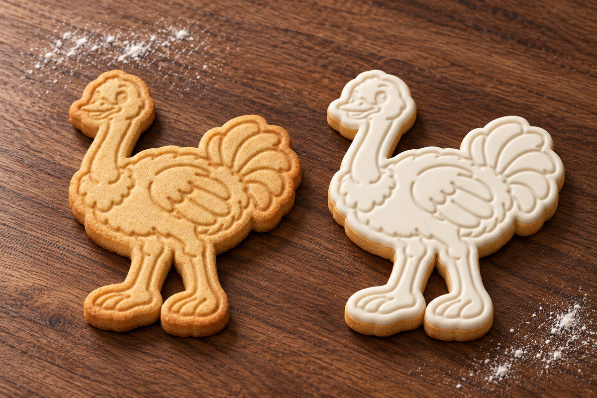 Ostrich plain and white fondant cookie examples