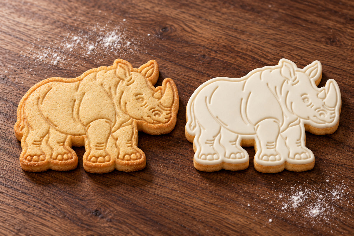 Rhinoceros plain and white fondant cookie examples