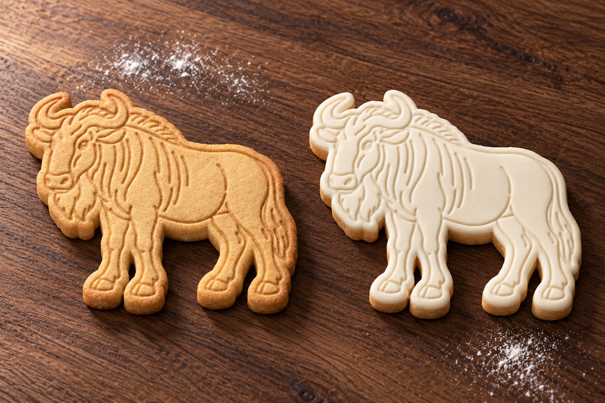 Wildebeest plain and white fondant cookie examples