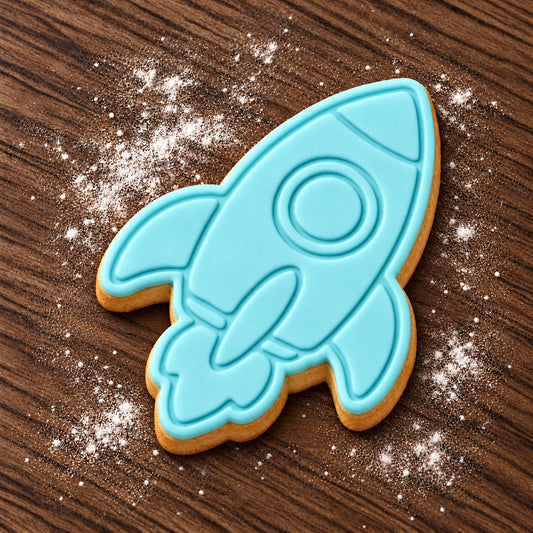 Rocket decorated fondant cookie