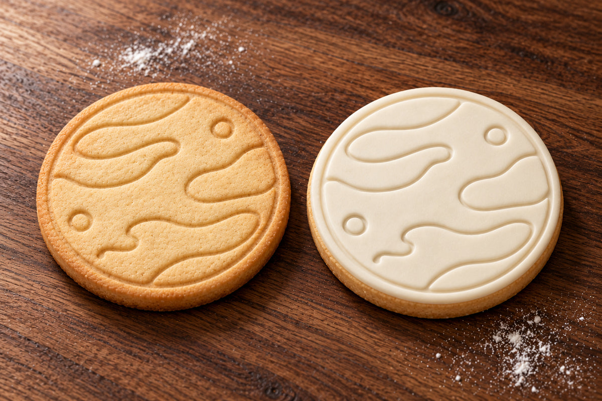 Planet plain and white fondant cookie examples