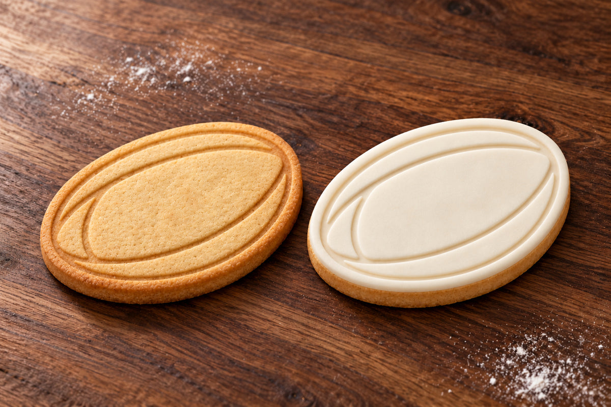 Rugby Ball plain and white fondant cookie examples