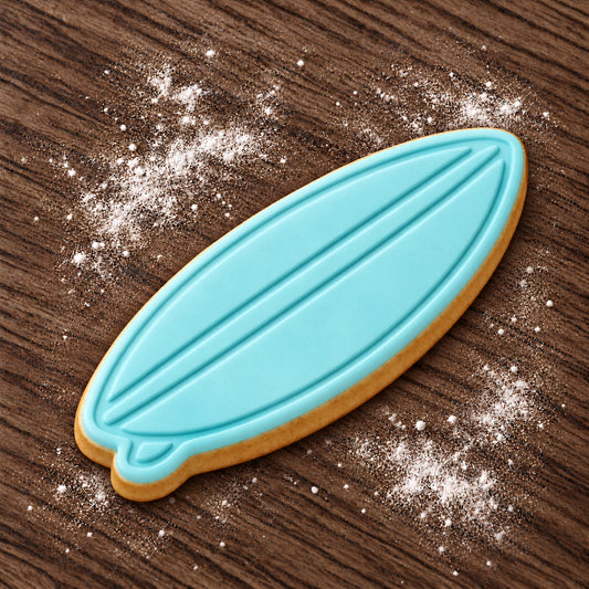 Surfboard decorated fondant cookie