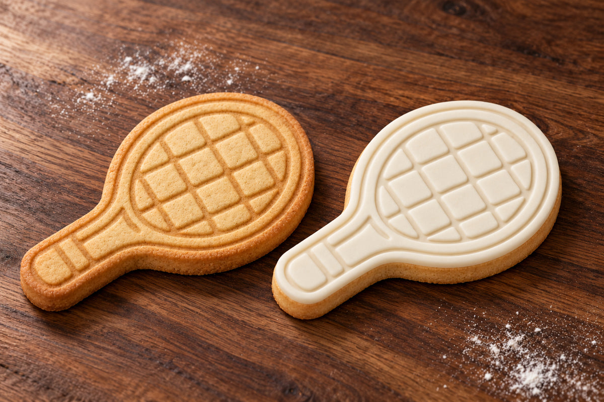 Tennis Racquet plain and white fondant cookie examples