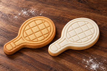 Tennis Racquet plain and white fondant cookie examples
