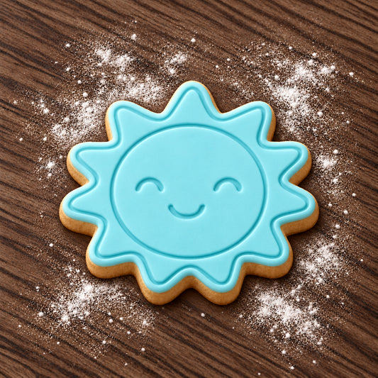 Sun cookie cutter and embosser set – aqua fondant cookie example