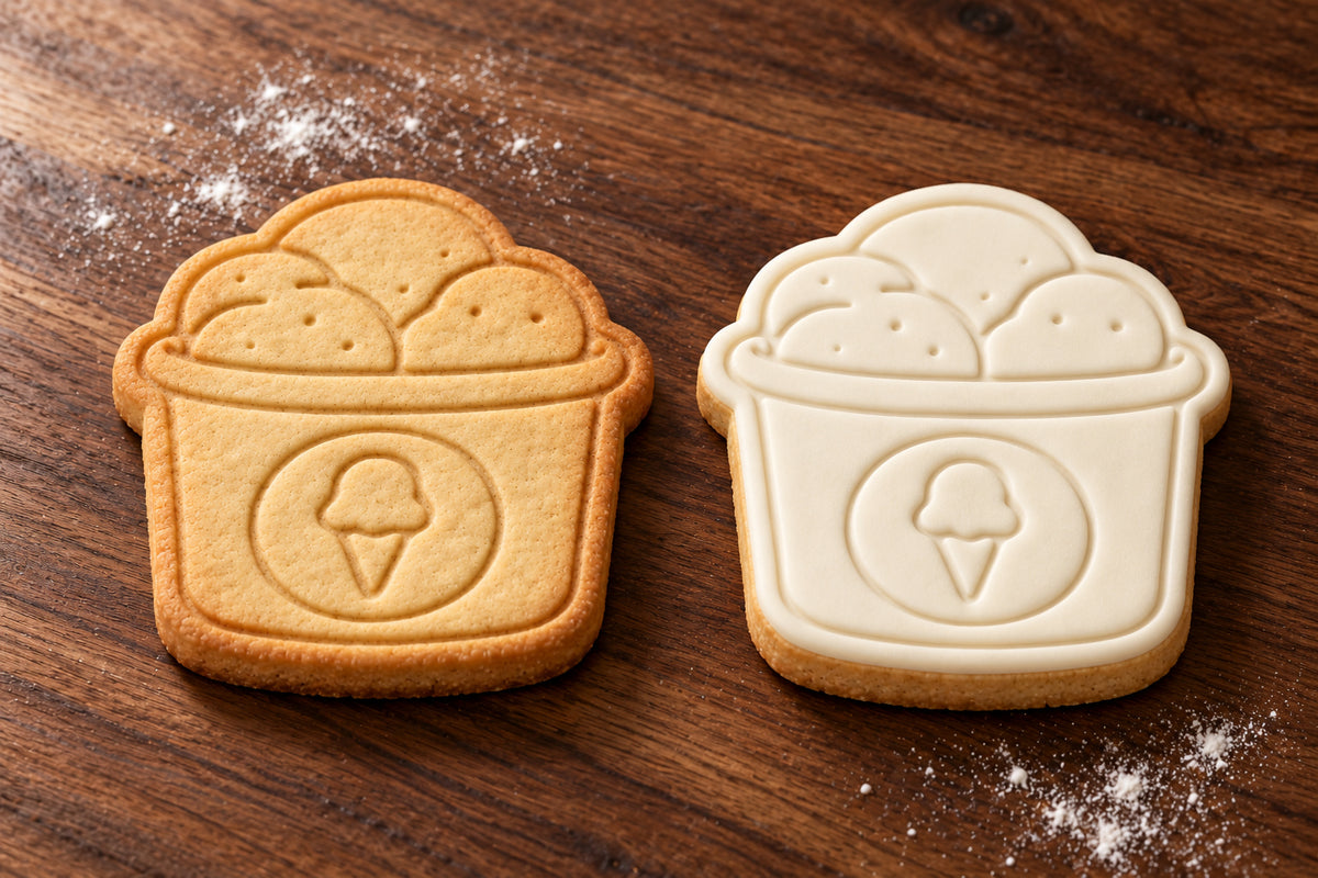Ice Cream Tub plain and white fondant cookie examples