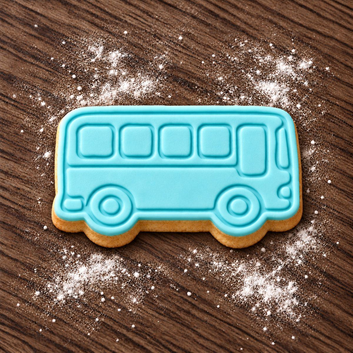 Bus decorated fondant cookie