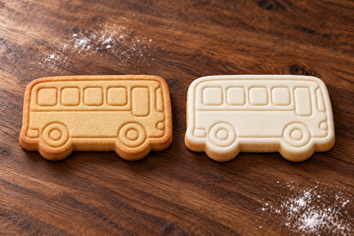 Bus plain and white fondant cookie examples
