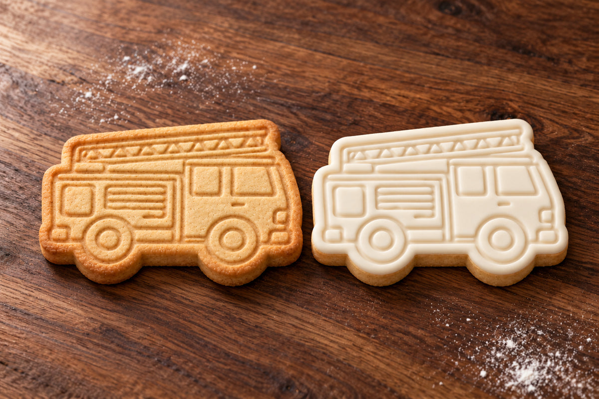 Fire Engine plain and white fondant cookie examples