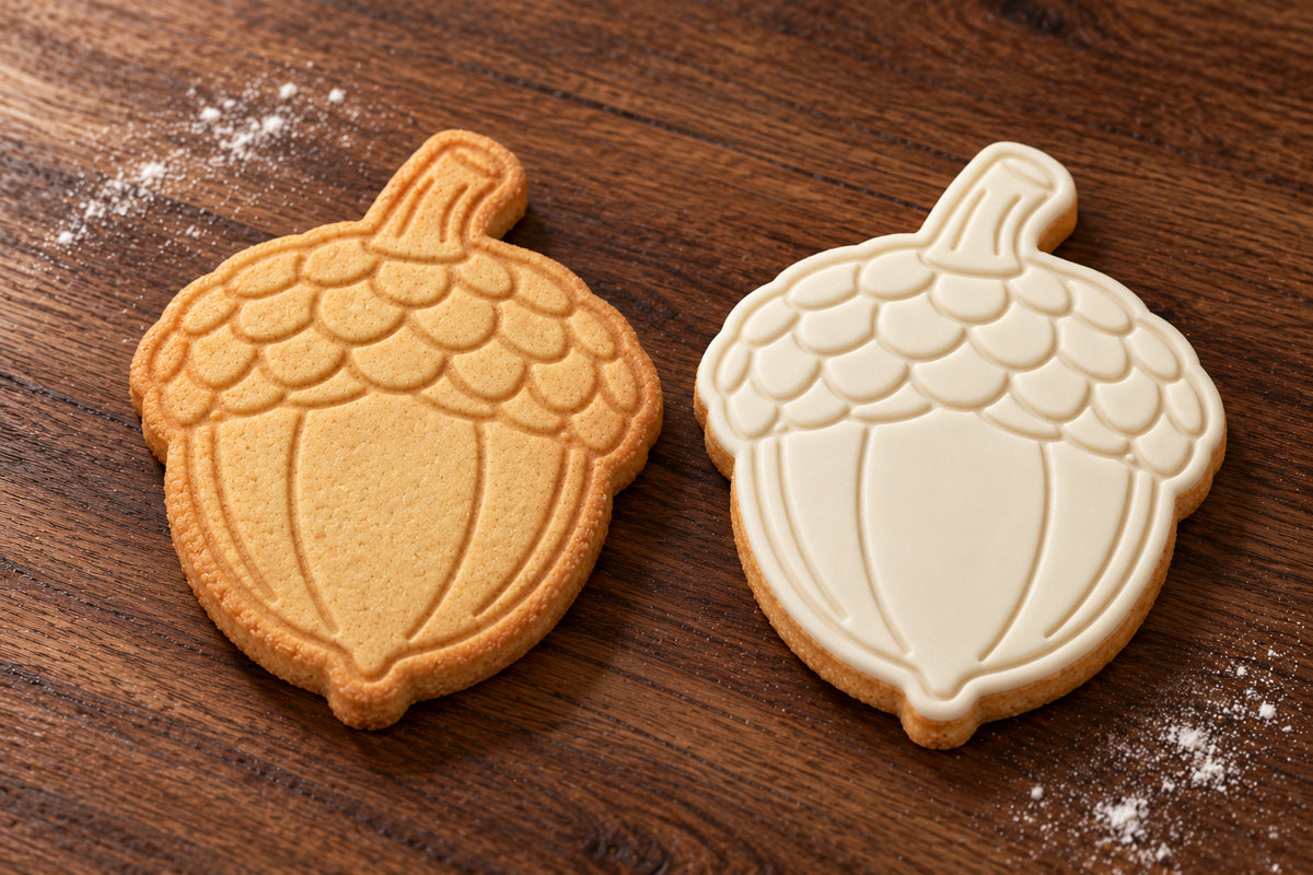 Acorn plain and white fondant cookie examples
