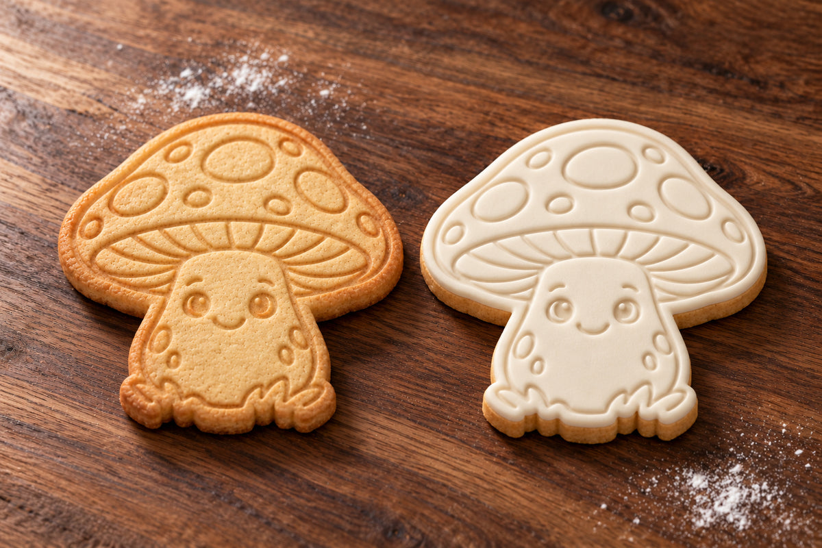 Mushroom plain and white fondant cookie examples