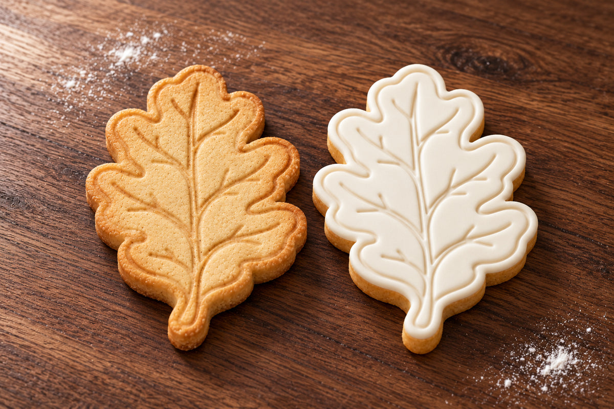 Oak Leaf plain and white fondant cookie examples
