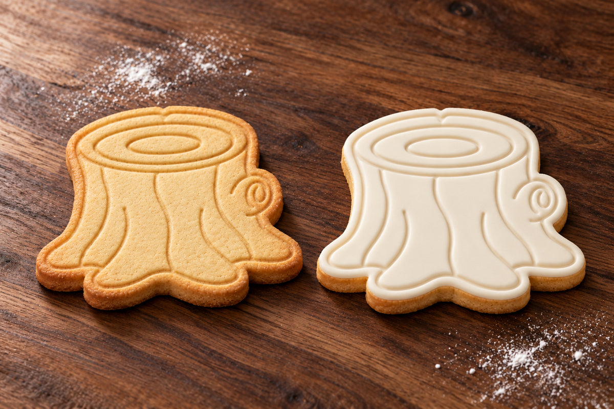 Tree Stump plain and white fondant cookie examples