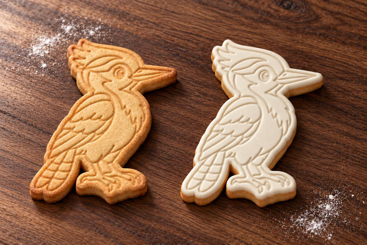 Woodpecker plain and white fondant cookie examples