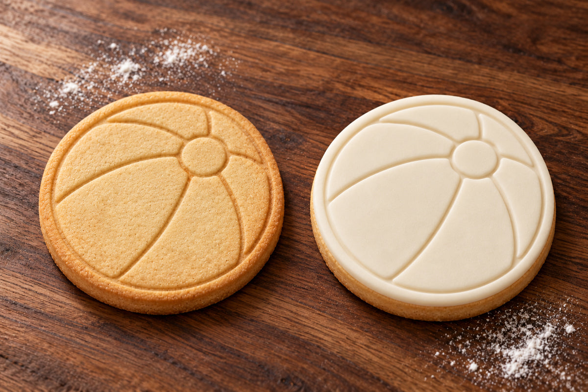Beach Ball cookie cutter and embosser set – plain cookie and white fondant cookie examples