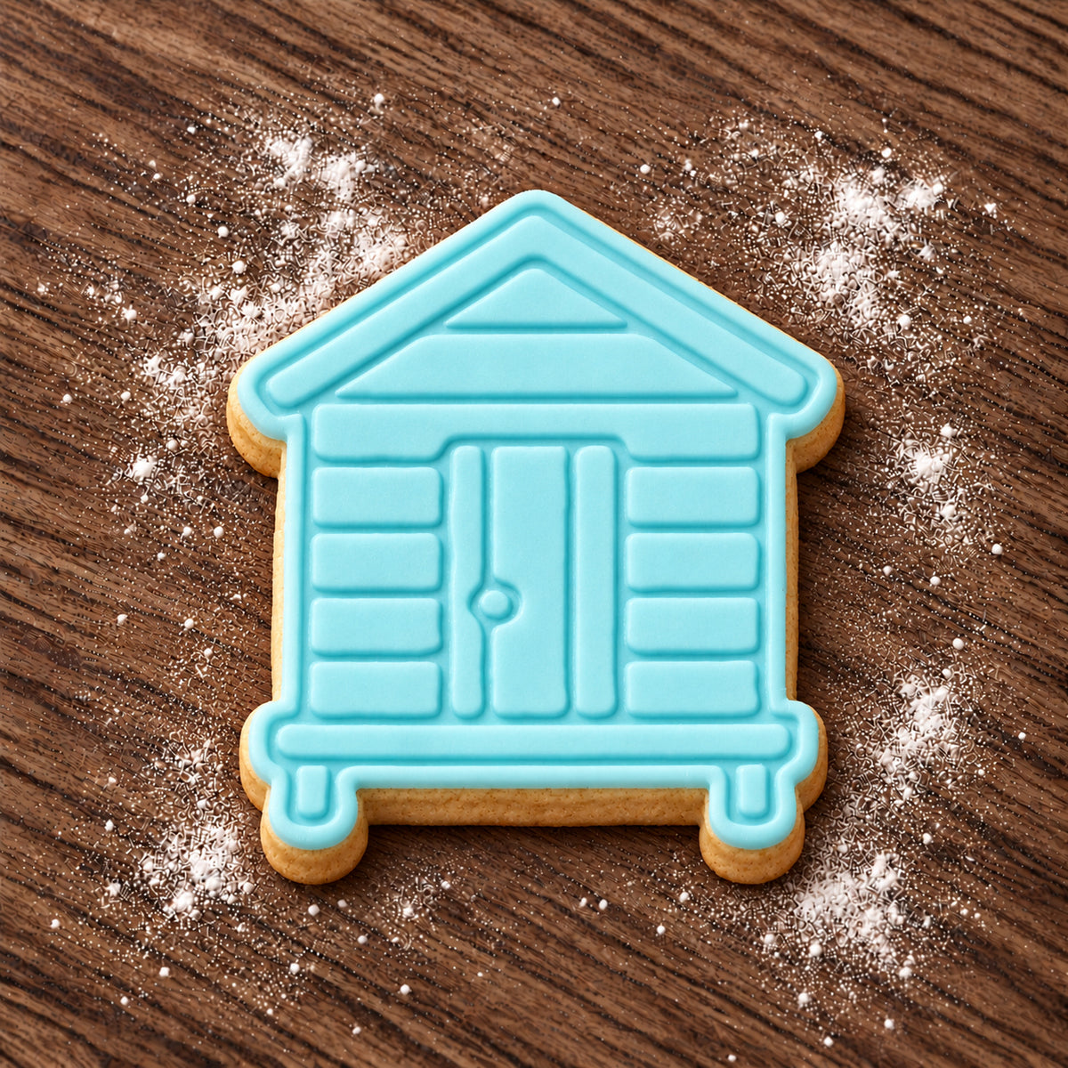 Beach Hut cookie cutter and embosser set – aqua fondant cookie example